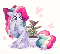 Size: 2205x1985 | Tagged: safe, artist:skysorbett, oc, oc only, oc:sky sorbet, pegasus, pony, bow, chest fluff, curly hair, curly mane, cute, female, ficus, flower pot, hair bow, heart, mare, multicolored hair, multicolored mane, ocbetes, pegasus oc, plant, pleased, simple background, sitting, smiling, solo, white background