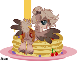 Size: 2238x1753 | Tagged: safe, artist:vesely pomidor, oc, oc only, oc:amoo, pegasus, pony, zebra, butt, featureless crotch, female, food, heterochromia, mare, open mouth, pancakes, pegasus oc, plot, pony oc, signature, simple background, solo, spread wings, syrup, watermark, white background, wings, zebra oc