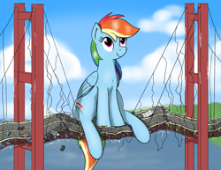 Size: 2072x1599 | Tagged: safe, artist:qkersnll, rainbow dash, pegasus, pony, g4, behaving like a bird, bridge, california, car, destruction, female, giant pony, giantess, golden gate bridge, macro, mare, rainbird dash, san francisco, sitting, solo, vehicle