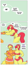 Size: 3391x7755 | Tagged: safe, artist:matchstickman, apple bloom, applejack, earth pony, anthro, plantigrade anthro, matchstickman's apple brawn series, tumblr:where the apple blossoms, g4, abs, apple brawn, apple sisters, applejacked, biceps, breasts, busty apple bloom, busty applejack, christmas, clothes, comic, costume, deltoids, dialogue, duo, embarrassed, female, holiday, looking at you, mare, muscles, muscular female, older, older apple bloom, one eye closed, pecs, pulling, santa costume, sexy, sexy santa costume, siblings, sisters, speech bubble, talking to viewer, thighs, thunder thighs, wink