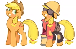 Size: 2048x1335 | Tagged: safe, artist:yen00280, applejack, earth pony, pony, g4, applejack's hat, clothes, costume, cowboy hat, engiejack, engineer, engineer (tf2), female, goggles, hat, helmet, mare, simple background, smiling, solo, team fortress 2, teeth, white background