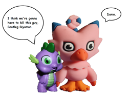 Size: 1348x1008 | Tagged: safe, spike, biyomon, dragon, g4, bootleg, comic sans, dialogue, digimon, duo, figure, i think we're gonna have to kill this guy, meme, ponified meme, speech bubble, thousand yard stare, toy