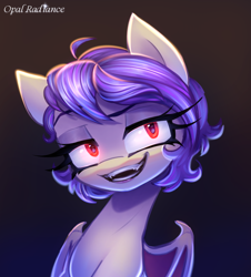 Size: 2686x2977 | Tagged: safe, artist:opal_radiance, oc, oc only, unnamed oc, bat pony, pony, bat pony oc, bat wings, eyebrows, fangs, female, gradient background, high res, kofi, mare, open mouth, open smile, partially open wings, raised eyebrow, signature, smiling, solo, wings