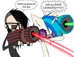 Size: 1280x989 | Tagged: safe, artist:burnedmuffinz, dj pon-3, vinyl scratch, human, pony, unicorn, g4, bass cannon, cannon, duo, ear piercing, female, glasses, human and pony, i think we're gonna have to kill this guy, lip piercing, male, meme, piercing, simple background, skrillex, snake bites, speech bubble, text, vinyl's glasses, white background