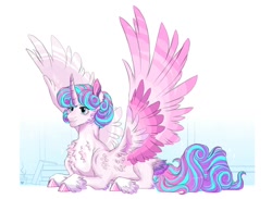 Size: 1382x1010 | Tagged: safe, artist:swabakar, princess flurry heart, alicorn, pony, g4, chest fluff, feathered fetlocks, female, fluffy, lying down, mare, older, older flurry heart, prone, solo, spread wings, tail, tail feathers, wings