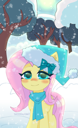 Size: 2127x3485 | Tagged: safe, artist:cattstaycool, fluttershy, pegasus, pony, g4, blushing, clothes, cute, female, hat, high res, looking at you, mare, outdoors, scarf, shyabetes, smiling, smiling at you, snow, snowfall, solo, standing, sun, tree, winter, winter outfit