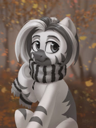 Size: 3000x4000 | Tagged: safe, artist:amishy, oc, oc only, zebra, autumn, clothes, falling leaves, leaves, looking at you, scarf, smiling, smiling at you, solo, underhoof, zebra oc