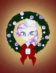 Size: 2550x3300 | Tagged: safe, artist:flutterluv, part of a set, rarity, pony, unicorn, g4, bust, christmas, christmas wreath, gradient background, hat, high res, holiday, portrait, smiling, solo, wreath