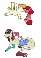 Size: 2894x4093 | Tagged: safe, artist:dexterousdecarius, oc, oc:buck wings, oc:eclipse, oc:prince eclipse, oc:red anjou, oc:summersong, draconequus, hybrid, pegasus, unicorn, apple bloom's bow, bow, colored wings, couples, feathered fetlocks, hair bow, hair tie, hooves, interspecies offspring, love, magical discordian spawn, offspring, offspring shipping, parent:big macintosh, parent:bulk biceps, parent:discord, parent:fluttershy, parent:princess celestia, parent:sugar belle, parents:dislestia, parents:flutterbulk, parents:sugarmac, rectangular pupil, simple background, two toned wings, white background, wings