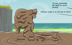 Size: 1497x941 | Tagged: safe, artist:pzkratzer, oc, oc:night cloud, oc:ponygriff, colored sketch, covered in mud, messy, mud, mud bath, mud covered, mud volcano, ocean, sketch, this will end in petrification, water