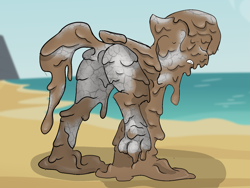 Size: 1497x1124 | Tagged: safe, artist:pzkratzer, oc, oc:ponygriff, bondage, butt, cement, colored sketch, covered in mud, drying, encasement, messy, mud, mud bath, mud covered, mud volcano, ocean, petrification, plot, sketch, water