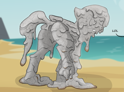Size: 1497x1117 | Tagged: safe, artist:pzkratzer, oc, oc:ponygriff, bondage, butt, cement, colored sketch, covered in mud, drying, encasement, messy, mud, mud bath, mud covered, mud volcano, ocean, petrification, plot, sketch, water