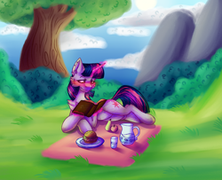 Size: 2000x1623 | Tagged: safe, artist:black_marker, twilight sparkle, pony, unicorn, g4, apple, blushing, book, burger, complex background, female, food, magic, pear, picnic, reading, solo, tree, unicorn twilight