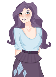 Size: 3736x5174 | Tagged: safe, artist:sanechkaa, rarity, human, g4, alternate hairstyle, bedroom eyes, belt, blushing, clothes, cute, eyeshadow, female, grin, humanized, lipstick, makeup, raribetes, shirt, simple background, skirt, smiling, solo, t-shirt, white background