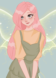 Size: 3736x5174 | Tagged: safe, artist:sanechkaa, fluttershy, human, g4, alternate hairstyle, apron, blue background, clothes, cute, female, humanized, shirt, shyabetes, simple background, solo, winged humanization, wings