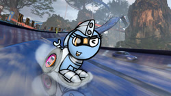 Size: 444x250 | Tagged: safe, artist:foxfer64_yt, waterslide, oc, oc only, oc:silverstream (robot pony), original species, pony, robot, robot pony, wheelpone, ears back, forest, hot wheels, nature, one eye closed, slide, solo, tree, water