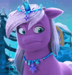 Size: 764x798 | Tagged: safe, screencap, violet frost, auroricorn, pony, g5, my little pony: make your mark, my little pony: make your mark chapter 6, secrets of starlight, spoiler:g5, spoiler:my little pony: make your mark, spoiler:my little pony: make your mark chapter 6, spoiler:mymc06e04, animated, crystal horn, faic, female, gif, horn, jewelry, makeup, mare, necklace, sparkles, sparkly mane