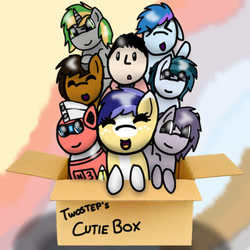 Size: 350x350 | Tagged: safe, artist:foxfer64_yt, oc, oc only, oc:cloudyleytran, oc:emerald aura, oc:healthpack, oc:makaryo, oc:shadow, oc:trackhead, oc:twostep, oc:yosther, earth pony, pegasus, pony, unicorn, box, confused, cute, ears back, group, happy, looking at each other, looking at someone, smiling