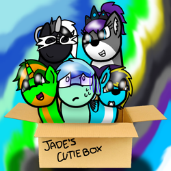 Size: 750x750 | Tagged: safe, artist:foxfer64_yt, oc, oc:derps, oc:jade breeze, oc:phoenix stardash, oc:stella, oc:thundy, earth pony, hybrid, monster pony, octopony, original species, pegasus, pony, wolf, wolf pony, box, cute, floppy ears, happy, looking at each other, looking at someone, looking up, scared, smiling