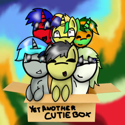 Size: 750x750 | Tagged: safe, artist:foxfer64_yt, oc, oc:ac, oc:derps, oc:gamer beauty, oc:royal blues, oc:sourpatchking, oc:thunder (fl), alicorn, changeling, hybrid, pegasus, pony, unicorn, amazed, box, confident, cute, group, guilty, happy, looking at each other, looking at someone, smiling