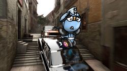 Size: 750x421 | Tagged: safe, artist:foxfer64_yt, oc, oc only, oc:silverstream (robot pony), original species, pony, robot, robot pony, wheelpone, accident, city, crash, ford mustang, guanajuato, muscle car, mustang, rampage, stairs, street