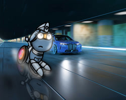 Size: 750x595 | Tagged: safe, artist:foxfer64_yt, oc, oc only, oc:silverstream (robot pony), original species, pony, robot, robot pony, wheelpone, car, ears back, looking up, racecar, scared, the backrooms