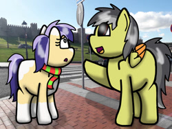 Size: 749x562 | Tagged: safe, artist:foxfer64_yt, oc, oc only, oc:thunder (fl), oc:twostep, earth pony, pegasus, pony, clothes, confused, duo, empire, happy, irl, looking up, photo, pointing, scarf, spain, talking, three quarter view, tower, wall