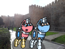 Size: 749x562 | Tagged: safe, artist:foxfer64_yt, oc, oc only, oc:silverstream (robot pony), oc:trackhead, human, pony, robot, robot pony, amazed, city, day, duo, happy, irl, looking up, park, photo, siblings, spain, walking