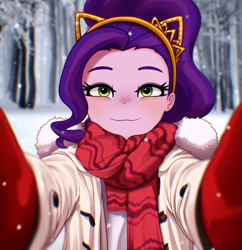 Size: 1600x1652 | Tagged: safe, artist:maren, pipp petals, human, equestria girls, g4, g5, adorapipp, alternate hairstyle, arms out, clothes, coat, cute, duffel coat pov meme, equestria girls-ified, female, gloves, jacket, looking at you, meme, offscreen character, pov, reaching, scarf, snow, solo, sweater, tree, winter, winter outfit