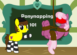 Size: 8000x5722 | Tagged: safe, artist:cardshark777, cheerilee, oc, oc:liz (cardshark777), earth pony, pony, g4, arm behind back, beanie, blindfold, bondage, bound and gagged, classroom, clothes, digital art, earth pony oc, female, gag, hat, heart, helpless, hooves behind back, looking at you, mare, raised hoof, rope, rope bondage, smiling, socks, striped socks, suspended, suspension bondage, tape, tape gag, text, tied up