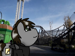 Size: 749x562 | Tagged: safe, artist:foxfer64_yt, oc, oc only, oc:razor uniboop, pegasus, pony, day, irl, looking up, photo, roller coaster, smiling, solo, theme park, tower