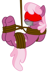 Size: 6000x8987 | Tagged: safe, artist:cardshark777, cheerilee, earth pony, pony, g4, arm behind back, blindfold, bondage, bound and gagged, digital art, female, gag, helpless, hooves behind back, mare, rope, rope bondage, simple background, suspended, suspension bondage, tape, tape gag, tied up, transparent background