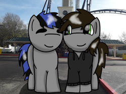 Size: 749x562 | Tagged: safe, artist:foxfer64_yt, oc, oc only, oc:juju, oc:razor uniboop, earth pony, pegasus, pony, city, duo, eyes closed, irl, looking at each other, looking at someone, photo, roller coaster, smiling, theme park