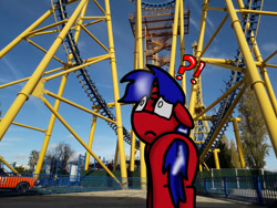 Size: 749x562 | Tagged: safe, artist:foxfer64_yt, oc, oc only, oc:royal blues, alicorn, pony, butt, car, concerned, confused, ears back, floppy ears, looking up, roller coaster, solo, surprised, theme park