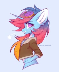 Size: 1800x2200 | Tagged: safe, artist:avroras_world, oc, oc only, oc:sunset skies, unicorn, anthro, bomber jacket, chest fluff, clothes, colored eartips, colored pinnae, female, goggles, goggles on head, gradient mane, grin, halfbody, hand on hip, jacket, looking at you, multicolored hair, no pupils, not misty brightdawn, pale belly, profile, simple background, smiling, smiling at you, solo