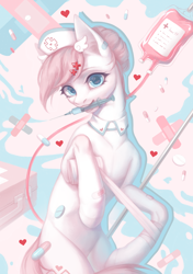 Size: 1748x2480 | Tagged: safe, artist:miurimau, nurse redheart, earth pony, pony, g4, bandage, belly, female, hair bun, hat, iv drip, mare, mouth hold, needle, nurse hat, pills, solo