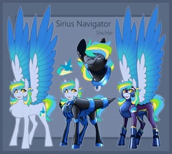 Size: 2048x1832 | Tagged: safe, artist:parrpitched, oc, oc:siriusnavigator, pegasus, bound wings, fireheart76's latex suit design, gloves, latex, latex boots, latex mask, latex suit, pegasus oc, prisoners of the moon, reference sheet, rubber, rubber gloves, rubber suit, shadowbolts, wings
