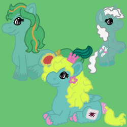 Size: 2000x2000 | Tagged: safe, artist:mintwhistle, mirror mirror, princess pristina, wiggles, earth pony, pegasus, pony, unicorn, g1, baby, baby pony, bipedal, bow, colored hooves, crown, feathered fetlocks, female, filly, flower, flower in hair, foal, green background, high res, jewelry, looking at someone, looking back, lying down, mare, medibang paint, multicolored mane, newborn, princess, regalia, royalty, side view, simple background, sitting, smiling, tail, tail bow, trio, trio female, unshorn fetlocks