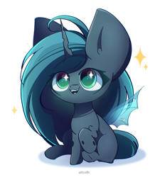 Size: 2250x2500 | Tagged: safe, artist:miryelis, queen chrysalis, changeling, changeling queen, g4, big ears, big eyes, chibi, cute, female, high res, long hair, mare, signature, simple background, sitting, smiling, solo, sparkles, white background, wings