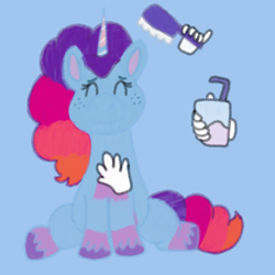 Size: 1500x1500 | Tagged: safe, artist:mintwhistle, misty brightdawn, pony, unicorn, g5, bellyrubs, brush, coat markings, colored hooves, disembodied hand, drink, drinking straw, eyes closed, female, freckles, glass, hairbrush, hand, holding, light blue background, mare, medibang paint, multicolored mane, multicolored tail, pale belly, petting, rebirth misty, simple background, smiling, socks (coat markings), tail, unshorn fetlocks