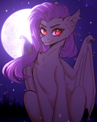 Size: 2497x3158 | Tagged: safe, artist:enderbee, fluttershy, bat pony, pony, g4, bat ponified, bat wings, colored sketch, ear fluff, female, flutterbat, high res, mare, moon, race swap, red eyes, sketch, sky, solo, stars, wings
