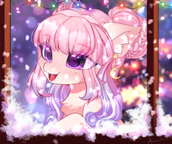 Size: 3594x3014 | Tagged: safe, alternate character, alternate version, artist:airiniblock, oc, oc only, earth pony, pony, big ears, chest fluff, christmas, christmas lights, collar, cute, ear fluff, eye clipping through hair, eyebrows, eyebrows visible through hair, female, hat, high res, holiday, mare, open mouth, open smile, pegasus oc, santa hat, smiling, snow, snowfall, solo, teeth, window, winter