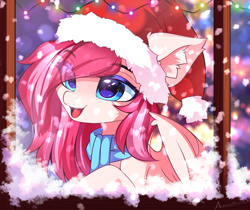 Size: 3594x3014 | Tagged: safe, alternate character, alternate version, artist:airiniblock, oc, oc only, oc:winter gala, earth pony, pegasus, pony, big ears, chest fluff, christmas, christmas lights, clothes, collar, cute, ear fluff, eye clipping through hair, eyebrows, eyebrows visible through hair, female, hat, high res, holiday, mare, open mouth, open smile, pegasus oc, santa hat, scarf, smiling, snow, snowfall, solo, teeth, window, winter