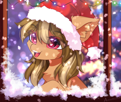 Size: 3594x3014 | Tagged: safe, alternate character, alternate version, artist:airiniblock, oc, oc only, oc:babe, earth pony, pegasus, pony, big ears, chest fluff, christmas, christmas lights, collar, cute, ear fluff, eye clipping through hair, eyebrows, eyebrows visible through hair, female, hat, high res, holiday, mare, open mouth, open smile, pegasus oc, santa hat, smiling, snow, snowfall, solo, teeth, window, winter