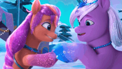 Size: 1360x774 | Tagged: safe, screencap, sunny starscout, violet frost, auroricorn, earth pony, pony, g5, my little pony: make your mark, my little pony: make your mark chapter 6, secrets of starlight, spoiler:g5, spoiler:my little pony: make your mark, spoiler:my little pony: make your mark chapter 6, spoiler:mymc06e04, animated, crystal horn, gif, glitter, heart, hoofshake, horn, jewelry, locket, makeup, necklace, ruby, snow, sparkles, sparkly mane