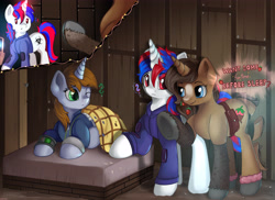 Size: 5500x4000 | Tagged: safe, artist:appleneedle, part of a set, oc, oc only, oc:littlepip, oc:snowi, oc:strawberry cocoa (the coco clan), monster pony, pony, unicorn, comic:littlepip and snowi and female strawberry cocoa 0, fallout equestria, 2 panel comic, absurd resolution, anklet, asking, bag, bed, blanket, blaze (coat marking), blue eyes, blue mane, blue tail, brown coat, brown tail, catchlights, coat markings, colored hooves, come here, comic, commission, commissioner:rautamiekka, cozy, cute, detailed background, ears up, eyelashes, eyes open, facial markings, female, food, friends, gray coat, gray hooves, hoof ring, hooves, horn, hut, imminent kissing, imminent sex, imminent threesome, indoors, jewelry, larger female, leg fluff, lesbian, licking, licking lips, lidded eyes, lighter underbelly, long mane, looking at each other, looking at someone, lying down, magic, magic aura, mane, mare, mare on mare, night, ocbetes, one eye closed part of a series, part of a series, pony oc, prone, question mark, raised hoof, red eyes, red mane, red tail, saddle bag, seductive eyes, segmented tail, size difference, smaller female, smiling, smirk, standing, strawberry, tail, tongue out, trio, trio female, two toned coat, two toned mane, two toned tail, unicorn oc, white coat