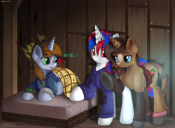 Size: 5500x4000 | Tagged: safe, artist:appleneedle, part of a set, oc, oc only, oc:littlepip, oc:snowi, oc:strawberry cocoa (the coco clan), monster pony, pony, unicorn, comic:littlepip and snowi and female strawberry cocoa 0, fallout equestria, absurd resolution, anklet, bag, bed, blanket, blaze (coat marking), blue eyes, blue mane, blue tail, brown coat, brown tail, catchlights, coat markings, colored hooves, commission, commissioner:rautamiekka, consenting, cozy, cute, detailed background, ears up, excited, eyelashes, eyes open, facial markings, female, food, friends, gray coat, gray hooves, hoof ring, hooves, horn, hut, imminent kissing, imminent sex, imminent threesome, indoors, jewelry, larger female, leg fluff, lesbian, licking, licking lips, lidded eyes, lighter underbelly, long mane, looking at each other, looking at someone, lying down, mane, mare, mare on mare, night, ocbetes, part of a series, pony oc, prone, raised hoof, red eyes, red mane, red tail, saddle bag, segmented tail, size difference, smaller female, smiling, smirk, standing, strawberry, tail, tongue out, trio, trio female, two toned coat, two toned mane, two toned tail, unicorn oc, white coat