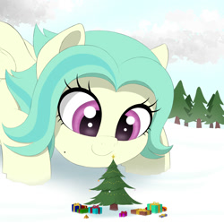 Size: 2000x2000 | Tagged: safe, artist:arediejie, oc, oc only, oc:lustrebeam, pegasus, pony, chibi, christmas, christmas tree, eyelashes, female, giant pony, giantess, high res, holiday, looking down, macro, magenta eyes, mole, ornament, pegasus oc, present, snow, solo, teal hair, tree