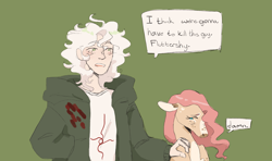 Size: 1985x1178 | Tagged: safe, artist:deepforestdarling, fluttershy, human, pegasus, pony, g4, crossover, danganronpa, danganronpa 2, i think we're gonna have to kill this guy, meme, nagito komaeda