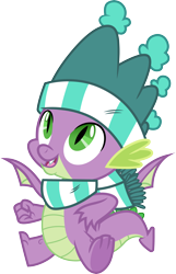 Size: 3000x4662 | Tagged: safe, artist:cloudy glow, spike, dragon, g4, my little pony best gift ever, .ai available, clothes, cute, happy, hat, male, open mouth, open smile, scarf, simple background, smiling, solo, spikabetes, spread wings, striped scarf, transparent background, vector, winged spike, wings, winter hat, winter outfit